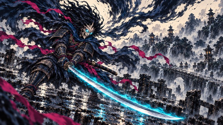Ilustrasi samurai bertopeng tengkorak dan bermata sian dalam posisi rendah, memegang katana bercahaya di jembatan batu dengan lembah berkabut. Komposisi horizontal.