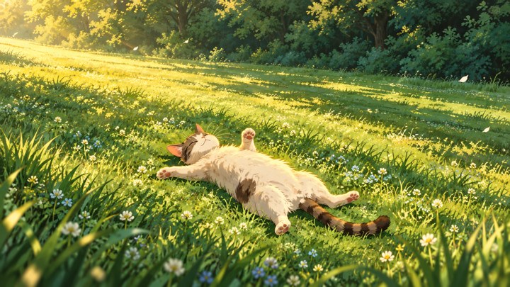 Kucing putih bercorak cokelat tidur telentang dengan empat telapak merah muda di padang rumput berbunga dalam cahaya sore. Komposisi horizontal.