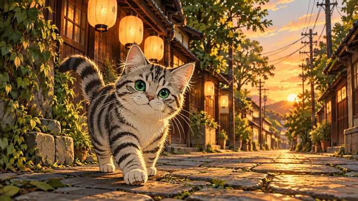 Anak kucing tabby bermata hijau melangkah di jalan batu, dengan toko kayu, lampion amber, dedaunan, dan langit senja di belakangnya. Komposisi horizontal.