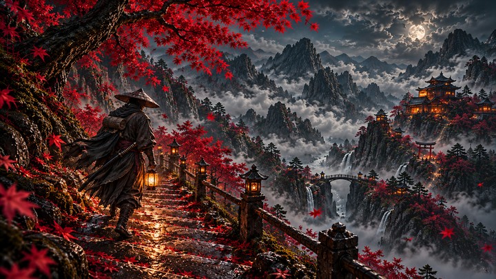 Ronin bertopi anyaman membawa lentera di tangga batu basah, dengan maple merah, bulan di balik awan serta kuil di pegunungan berkabut. Komposisi horizontal.