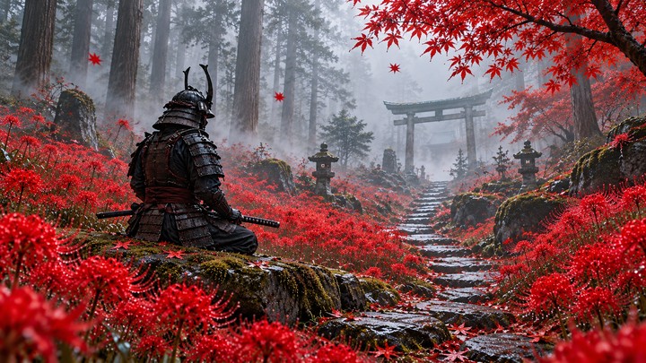 Samurai berzirah hitam berlutut dari sudut belakang, dengan katana bersarung di pangkuan, bunga merah dan jalan batu menuju torii berkabut. Komposisi horizontal.